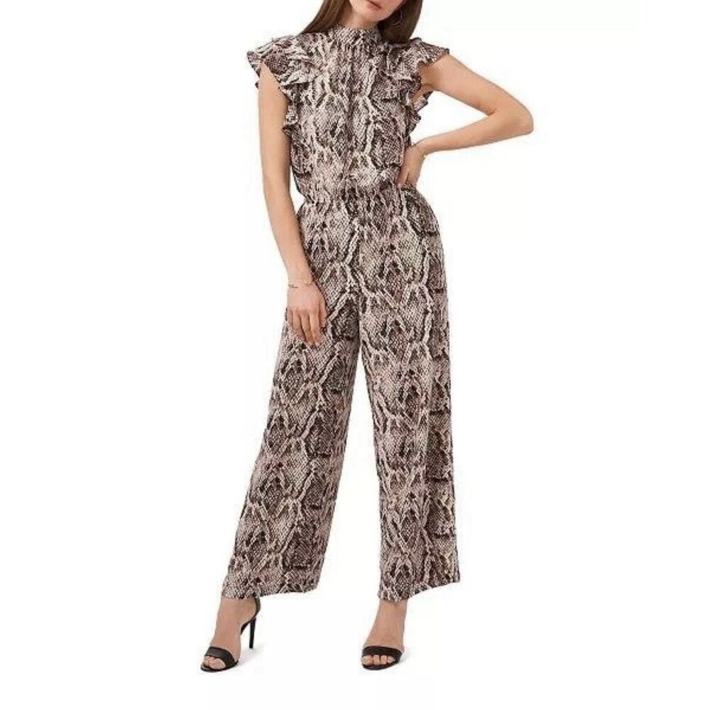 1 STATE Short Flutter Sleeve Mock Neck Ruffle Snake Print Wide Leg Jumpsuit Sz L